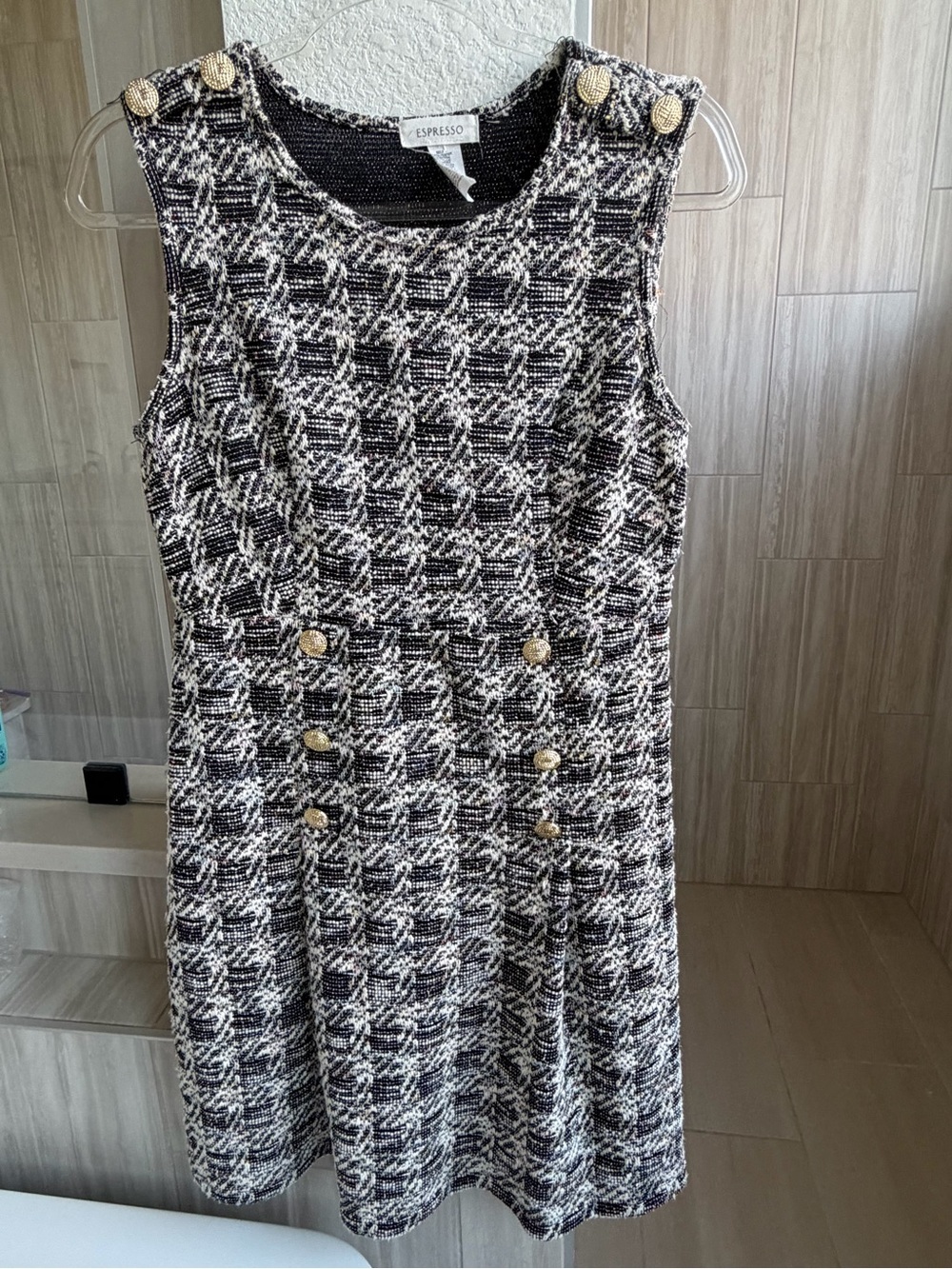 Espresso Black and White Tweed A-Line Dress with Gold Buttons